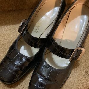 Connie Black Croc-Patterned Heels with Buckle